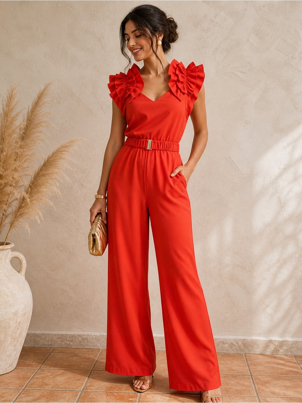 Red Ruffle-Sleeve Wide-Leg Jumpsuit